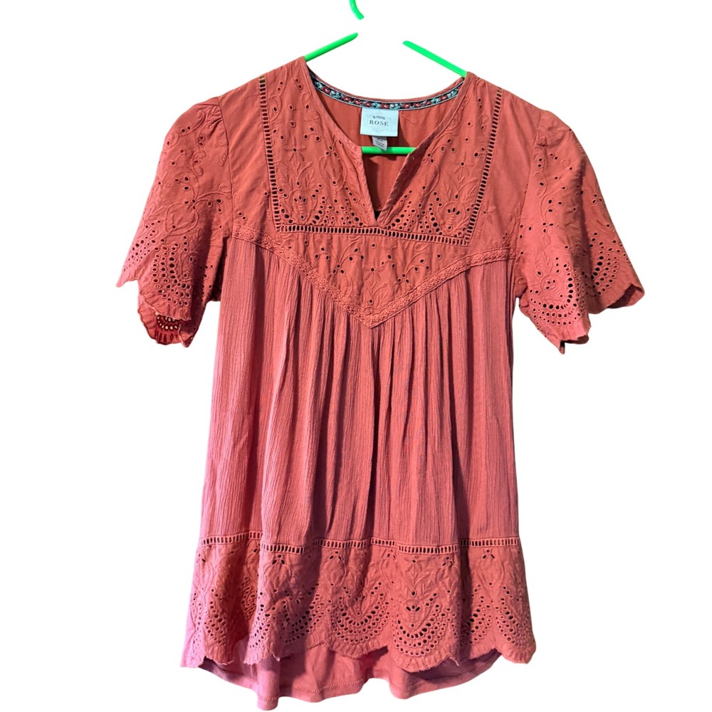 Knox Rose Womens XS Rust Orange Eyelet Embroidered Boho Peasant Top Blouse - Picture 3 of 8